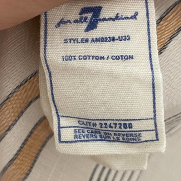 7 for all Mankind Mens Striped Button Down Shirt Lareg Cream Beige Long Sleeve - Picture 8 of 9